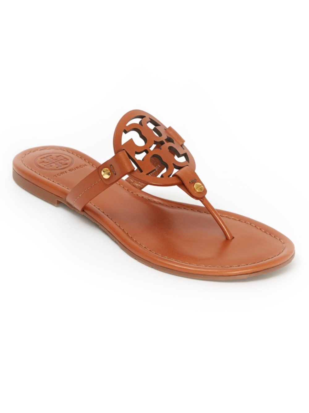 Tory Burch Cognac Leather Logo Thong Sandals